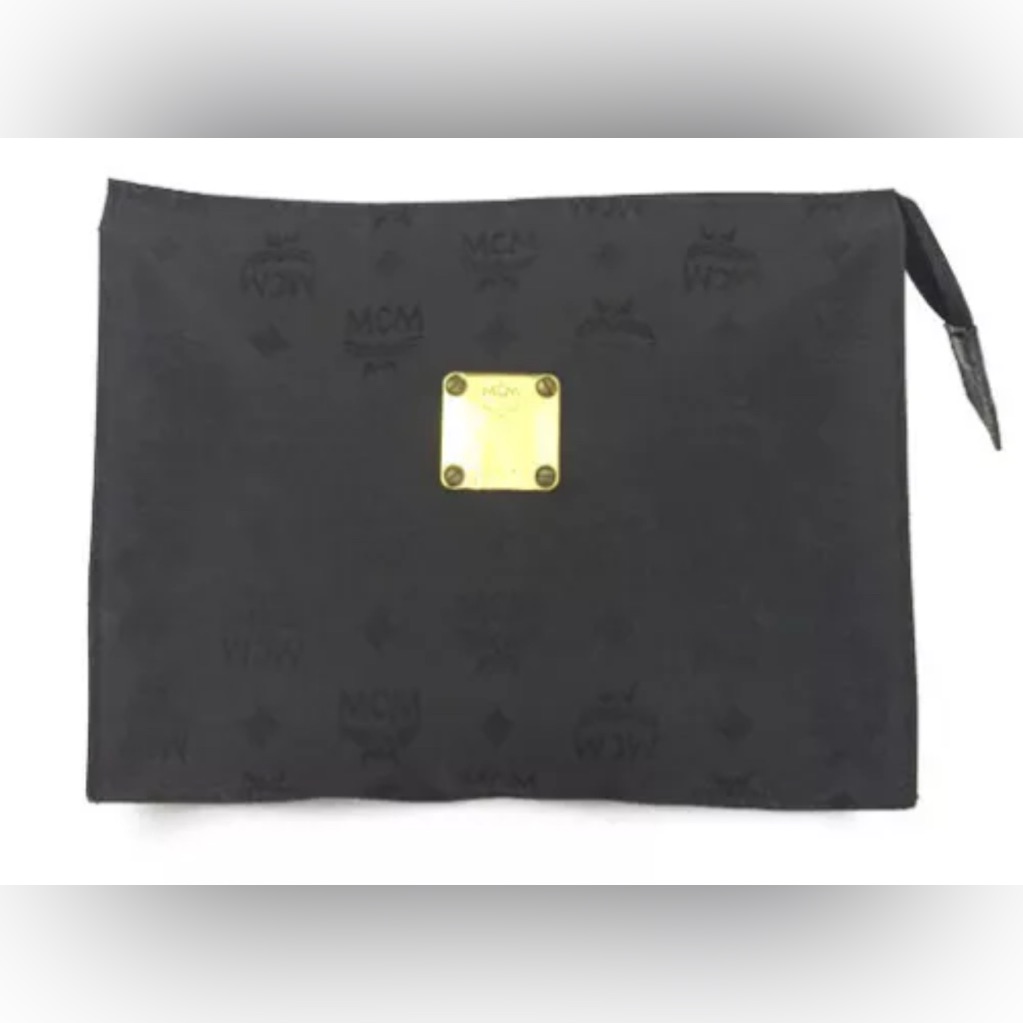 Authentic Mcm Logo Visetos Canvas Clutch Bag Black